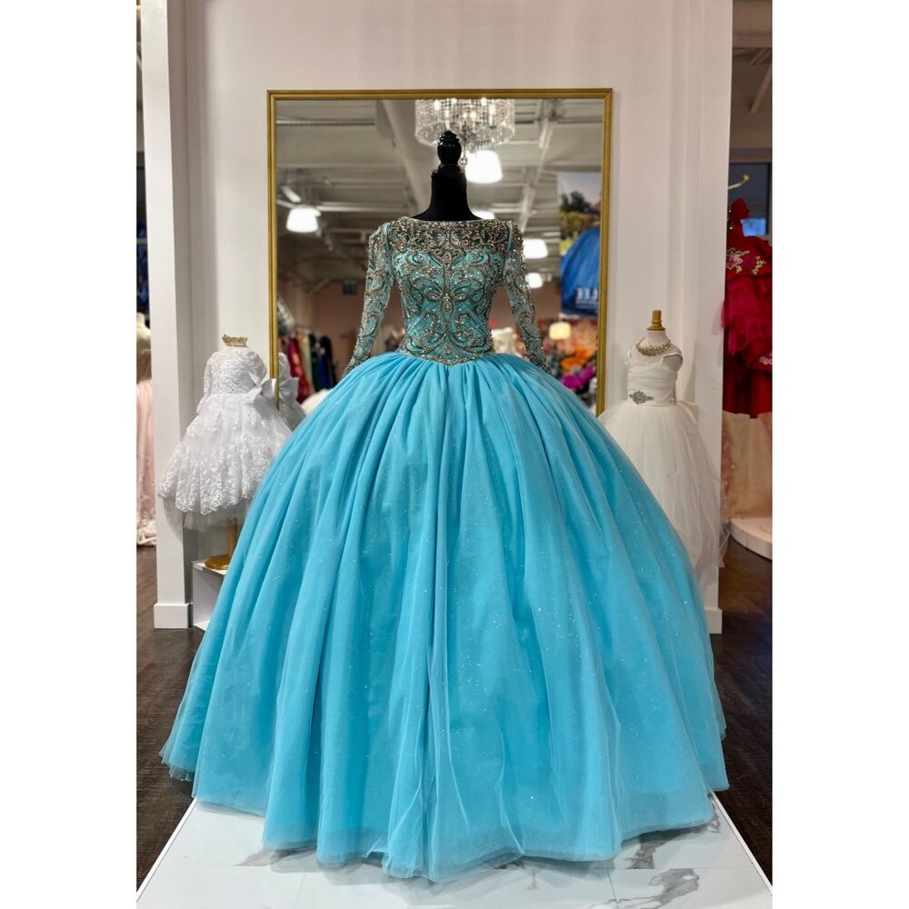 Enchanting Beaded Long-Sleeved Ballgown by House of Wu - Tulle Gown With Lace-Up